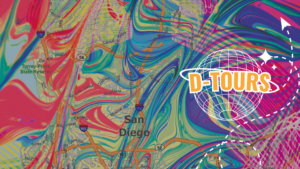 D tours cover art features a map of san diego with colors in various strokes all mixed together. The d tours logo with a globe behind it and an arrow pointing up