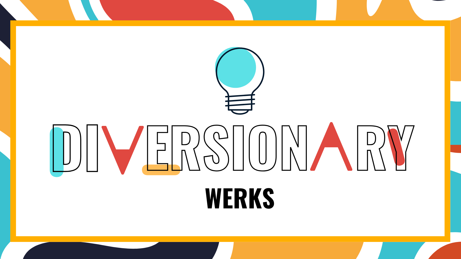 Diversionary Werks logo with a light blue, teal, titian, gold, and deap sea color squiggles as the background