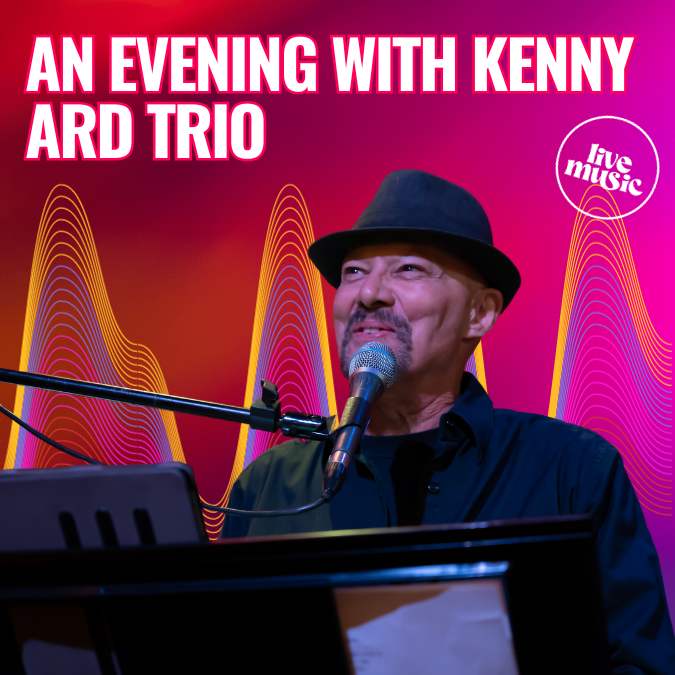 An Evening with Kenny Ard Trio, photo feature kenny ard on the piano facing a microphone