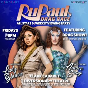 photo is a blue background, and a beige circle and text, with two drag queens in the center. Text reads: rupauls drag race all stars viewing party, fridays @ 8 PM featuring drag show, hosted by lady blanca and amore envy