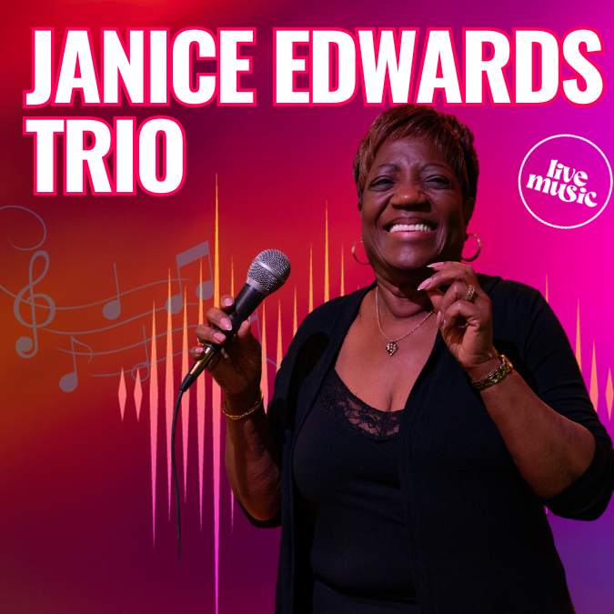 Janice Edwards Trio, Live Music photo features Janice Edwards holding a microphone with musical notes around her.