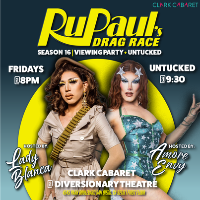 Photo features two drag queens in front of a yellow circle. Text reads rupauls drag race season 16 viewing party and untucked fridays at 8 pm