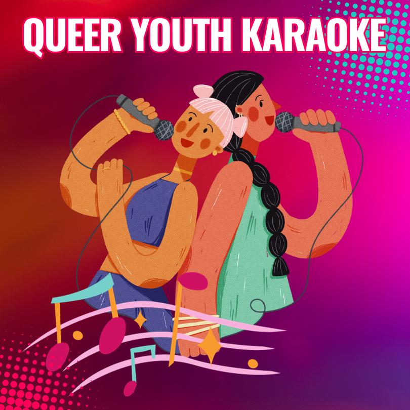queer youth karaoke with music notes on a staff and two fem characters drawn singing
