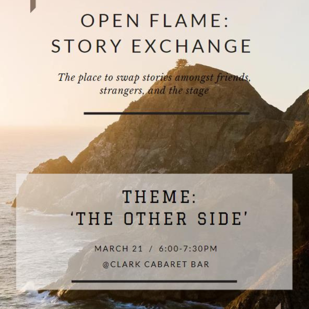 Photo features a large boulder in the ocean at daybreak with text that reads: open flame story exchange theme the other side