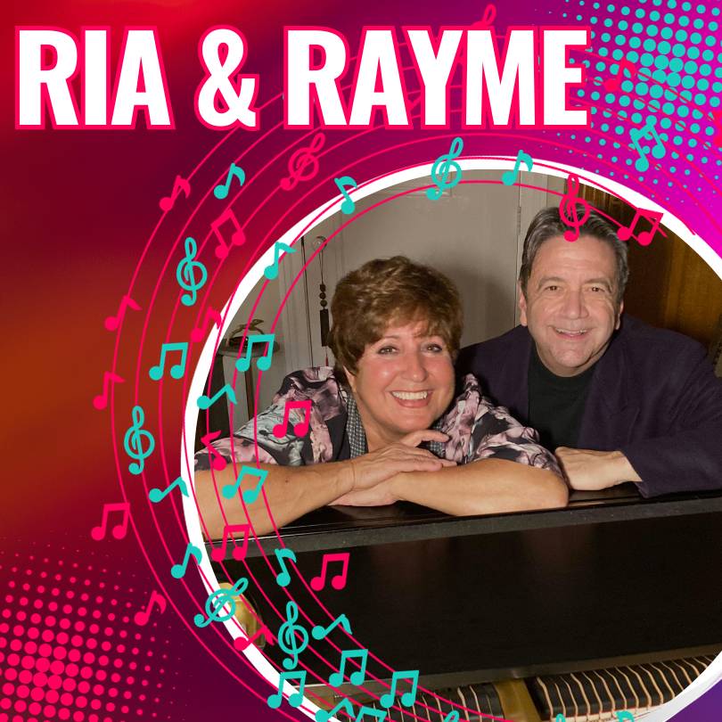 Photo features ria and rayme with musical notes and pink and blue dots. Text reads ria and rayme