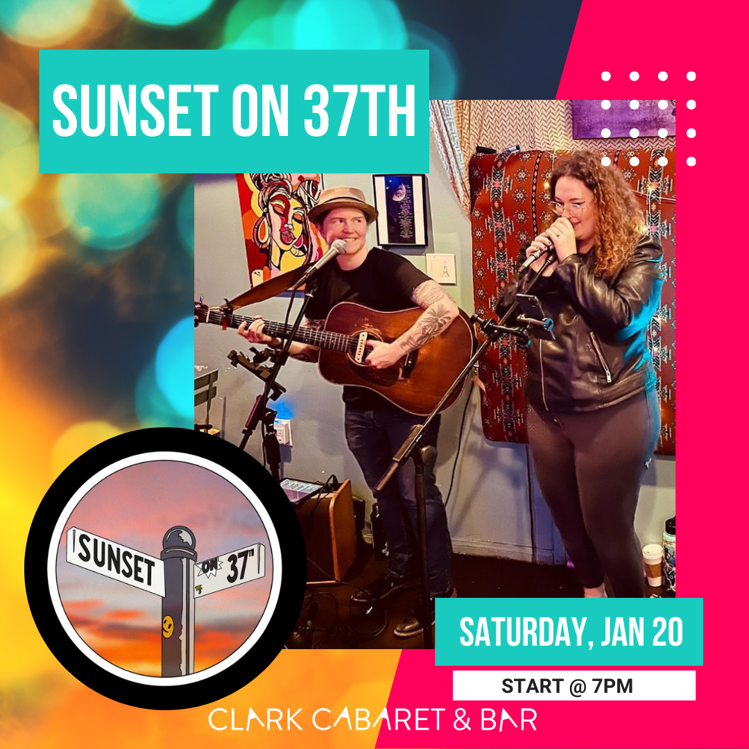 Photo features a picture of Sunset on 37th band performing with a guitar and mic. There is a colorful background a half trapezoid and text that reads Sunset on 37th, Saturday January 20th starting at 7 pm