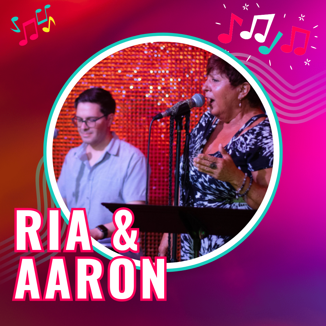 graphic features photo of ria and aaron in the clark cabaret singing into a mic and playing piano. musical notes in the corners