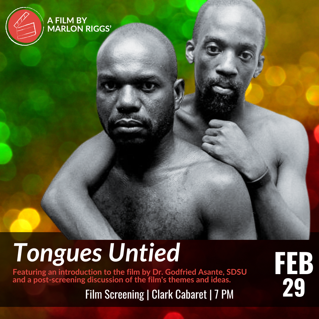 photo features two black gay men embracing each other against a glitter background. Text reads tongues untied film screening by marlon riggs feb 29 7 pm
