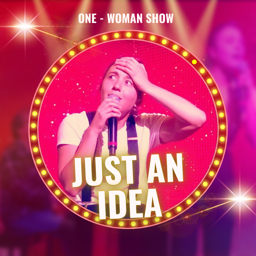 Photo features Julie Roland and Stu Shames in a red background with flashing lights and a ring of lights. Text reads One-woman show, just an idea
