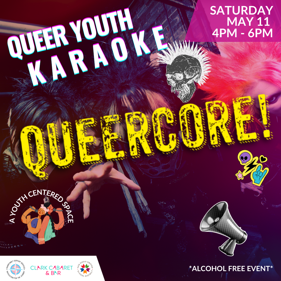 Photo features a punk band and making different facial expressions. a skull with a mohawk, a megaphone, two femmes singing into a mic. Text: queer youth karaoke, queercore! saturday may11 4- 6 PM
