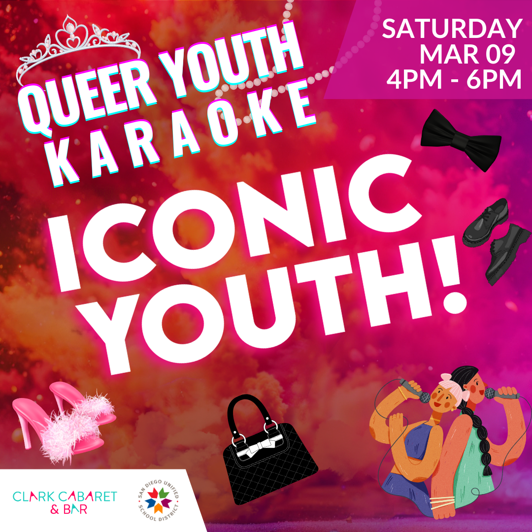 Queer youth karaoke art with orange and purple smoke as the background, a pair of heels, a purse, a bowtie, and dress shoes, with two femme figures singing with each other. Text reads: queer youth karaoke iconic youth! clark cabaret and bar, saturday mar 09 4-6 pm