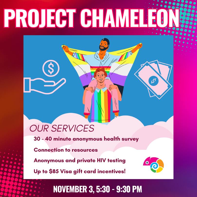Photo features a gay couple, with one of the men on the other's shoulders. There is a giving hand and money icons. Text reads: a community health study to increase health services in our community and to connect participants in education, resources and awareness. Our services 30-40 minute anonymous health survey, connection to resources, anonymous and private HIV testing, up to $85 gift card incentives!