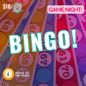 Game night bingo! features bingo cards stacked a top of each other. with a bingo ball and bingo card